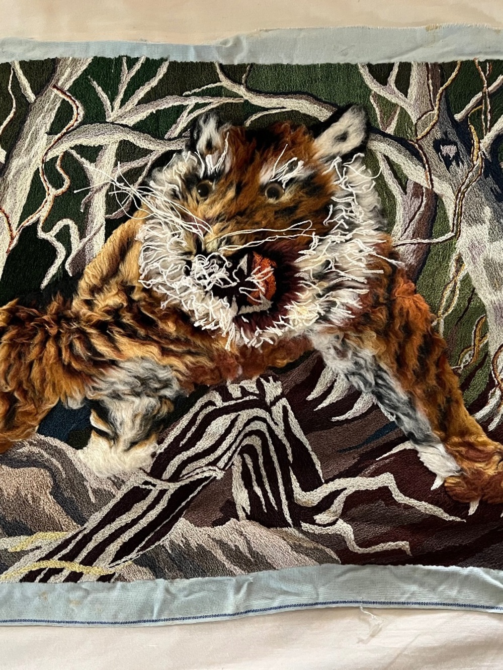vintage needlepoint tiger with plastic eyes